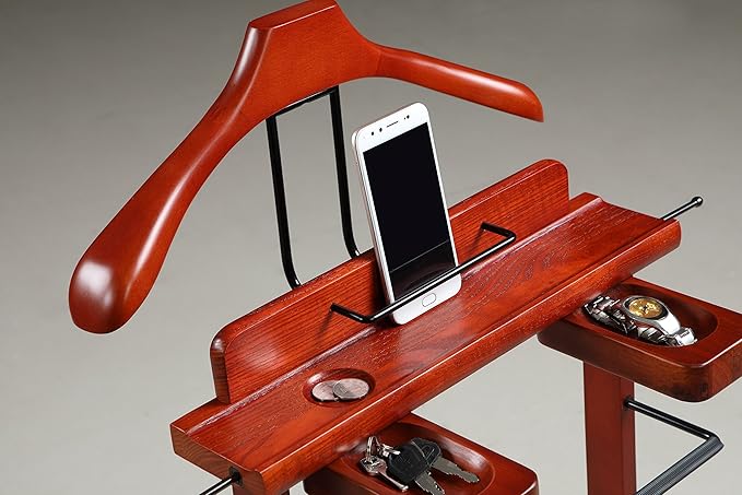 Proman Products Deluxe Suit Valet Stand VL16204 with Top Tray, Slide Out Tray, Contour Hanger, Trouser Bar, Tie & Belt Hooks and Shoe Rack, 17" W x 13" D x 41" H, Dark Cherry