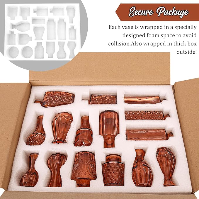 36Pcs Bud Vases Set Small Vintage Glass Bottles Bud Vases in Bulk Multiple Shape Cute Glass Vases for Rustic Wedding Centerpieces Table Decorations and Home Decor (Dark Amber)