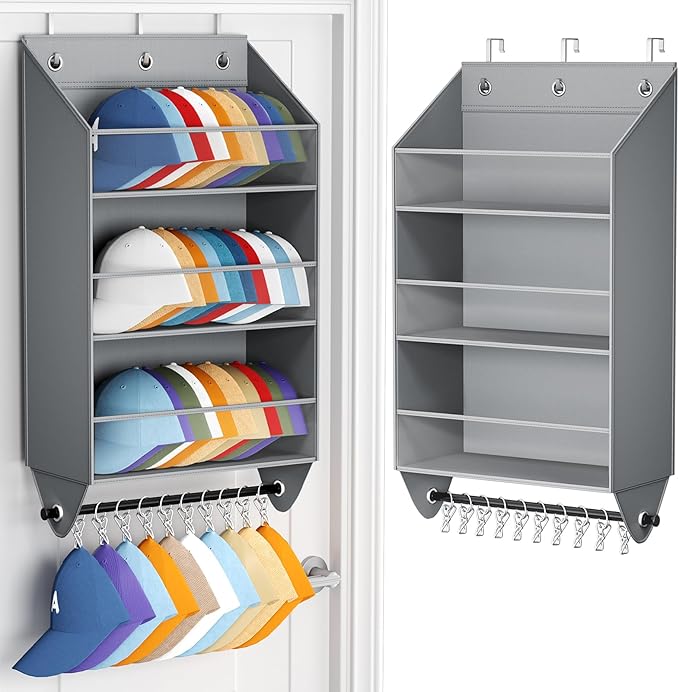 Over the Door Hat Rack - 3-Layer Design Hat Organizer Holds 30-36 Hats with 10 Hooks, Ideal Hat Rack for Door, Over the Door Organizer for Closet, Apartment, Bedroom, Dorm, 1 Pack, Grey