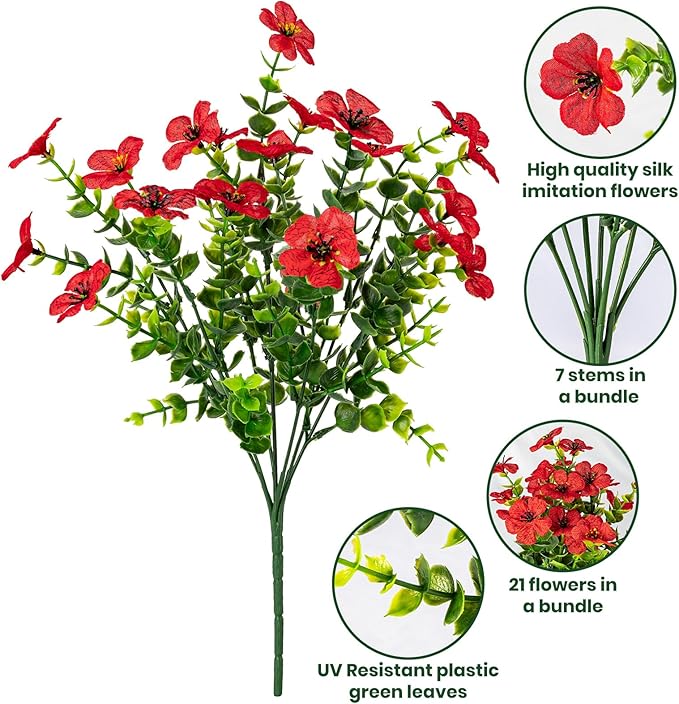 Lnoicy 20 Bundles Artificial Flowers for Outdoor Fake Plants for Spring Decoration,Faux Eucalyptus Flowers for Planter UV Resistant Lifelike for Home Porch Garden（7 Color）