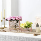 Short Glass Vases, Set of 2 Pink Glass Vases for Tulips, Ribbed Vase for Flowers, Modern Small Vase for Living Room, Dining Room, Bathroom, Desk, Shelf, Wedding, Office
