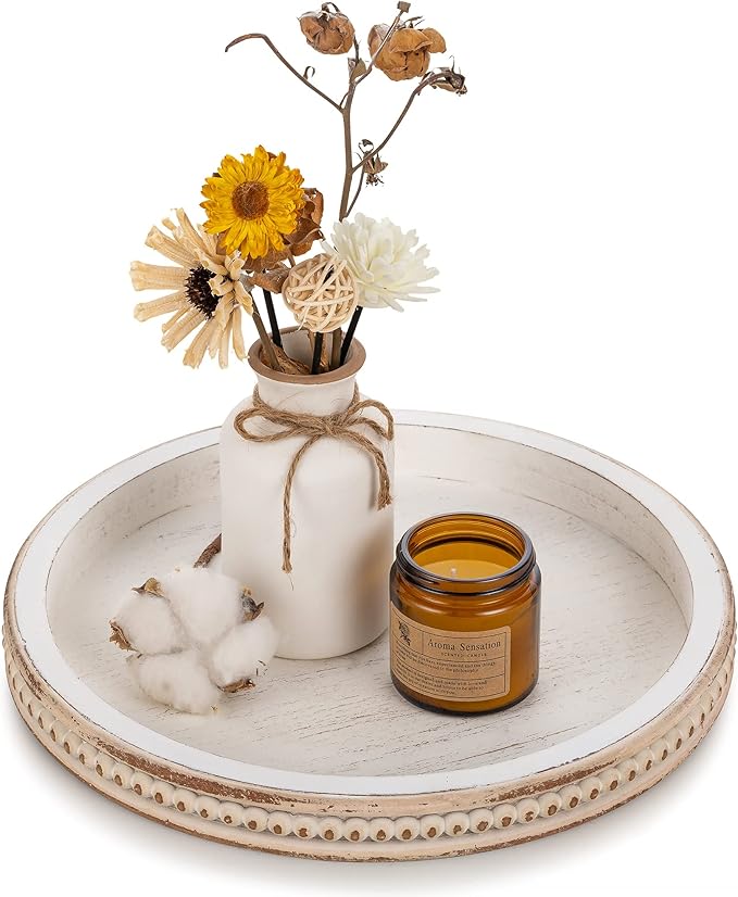 Hanobe Round Wooden Decorative Tray: White Washed Bead Tray Decor for Coffee Table Centerpiece Rustic Farmhouse Tray for Kitchen Counter Living Room Decoration