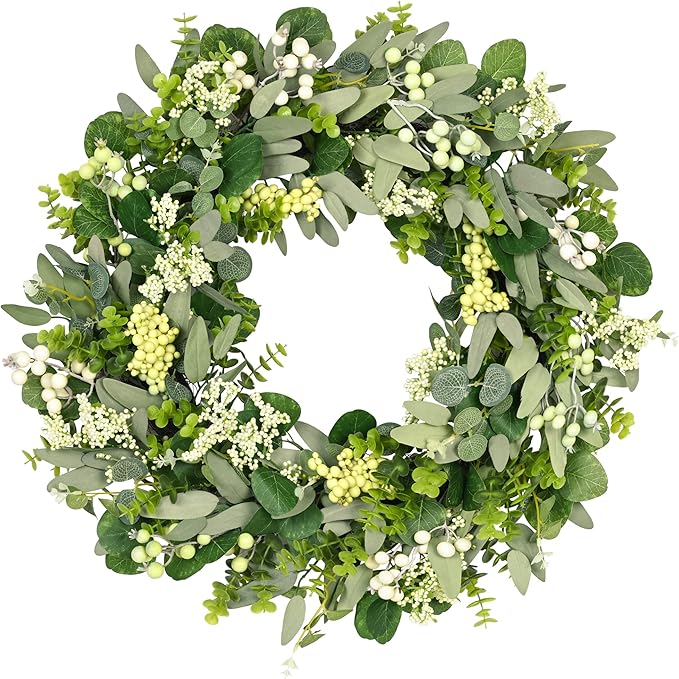 Vlorart 24-26 Inch Artificial Spring Summer Greenery Christmas Wreaths for Front Door Green Eucalyptus Leaf Wreath Decor Boxwood with Big Berries for Farmhouse Outside Year Round