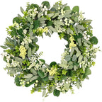 Vlorart 24-26 Inch Artificial Spring Summer Greenery Christmas Wreaths for Front Door Green Eucalyptus Leaf Wreath Decor Boxwood with Big Berries for Farmhouse Outside Year Round