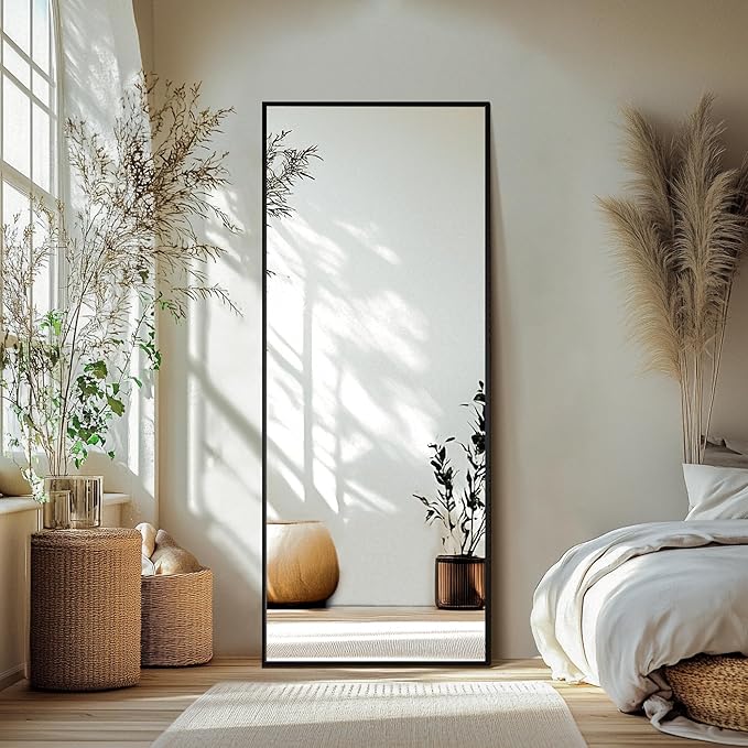 Delma Full Length Standing Mirror,Large Floor Mirror with Aluminum Frame for Bedroom, Bathroom, Living Room,Wall Mount or Freestanding Design(with Stand,Rect 69x24-Black)