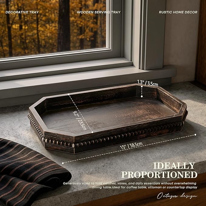 EOSAHR Rustic Decorative Tray with Beaded Edge for Room Decor - Retro Wooden Serving Tray for Coffee Table - Ideal for Makeup Vanity & Bedroom Display Room Decor Aesthetic(Distressed Black)