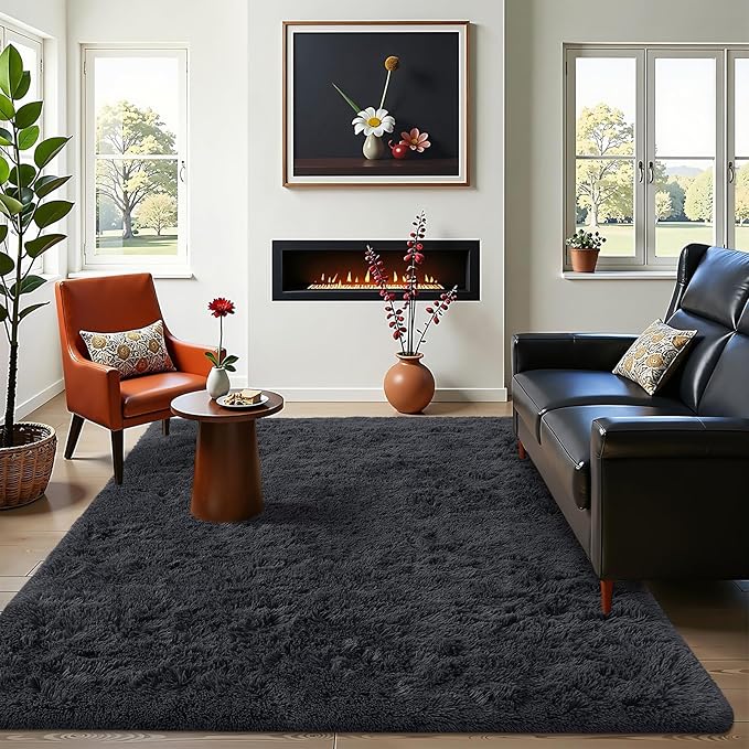 OLANLY 4x9 Area Rugs for Living Room Bedroom, Machine Washable Soft Fluffy Shaggy Bedside Rug, Indoor Floor Carpet for Kids Girls and Boys, Dorms, Nursery Rooms, Home Decor Aesthetic, Black