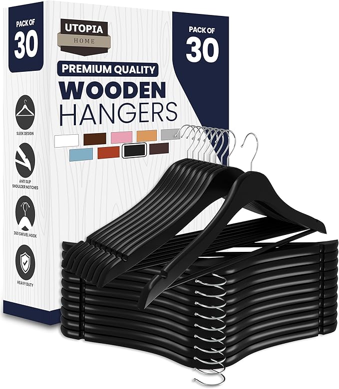 Utopia Home Premium Wooden Hangers 30 Pack - Durable & Slim Coat Hanger - Suit Hanger with 360-Degree Rotatable Hook - Wood Hangers with Shoulder Grooves (Black)