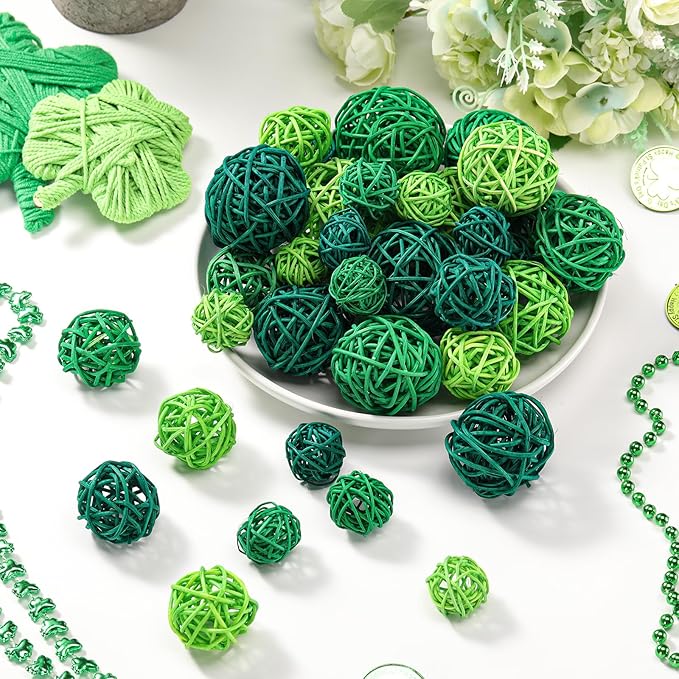 Patelai 36 Pcs Wicker Rattan Balls Decorative Balls for Vase Centerpiece Bowls Orbs Filler for Home Decor,4 Sizes(Dark, Grass Green, Fluorescent Green,2.4'',2'',1.6'',1.2'')
