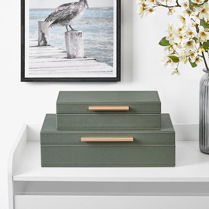 Decorative Box, Decorative Boxes with Lids 2-Set, Memory Box for Keepsakes, Beautiful PU Leather Decorative Storage Boxes in Style, Decor Box with Rose Metal Handle, Store Photos, Documents Green