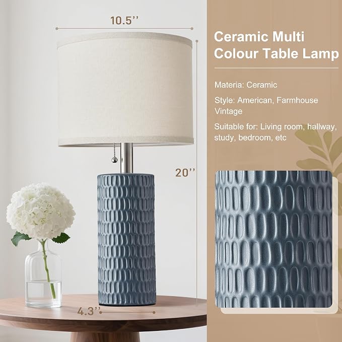 Reaketon 20.5" Modern Ceramic Table Lamps for Bedroom Set of 2, Bedside Lamps for Night Stands with Beige Lampshade, Farmhouse Table Lamp for Living Room Office Dorm, Grey