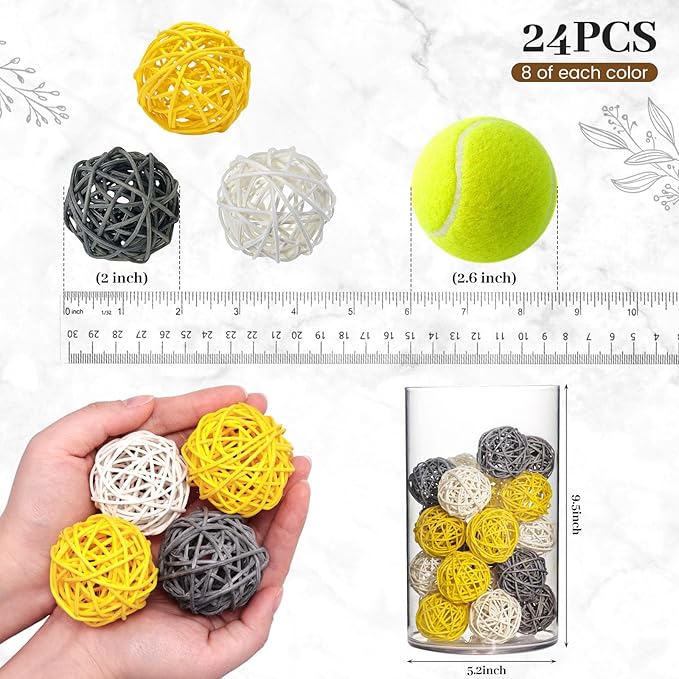 DomeStar 24PCS Yellow Decorative Balls for Bowl Centerpiece, 2 Inch Rattan Bowl Fillers - Wicker Twig Orbs Spheres for Yellow Kitchen Home Decor Vase Table Scatters