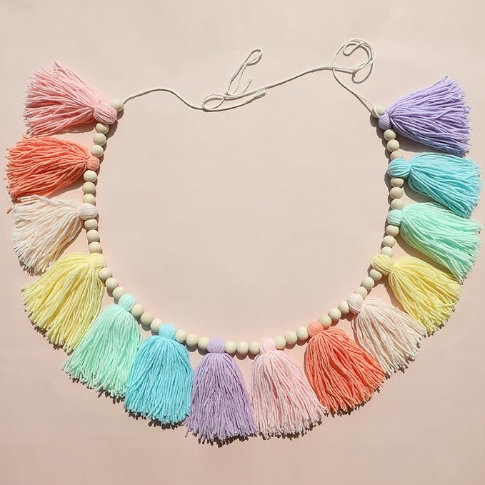 DCJHFJ Pastel Rainbow Boho Tassel Garland Wall Hanging with Wood Beads for Baby Shower Birthday Party Classroom Dorm Nursery Decor