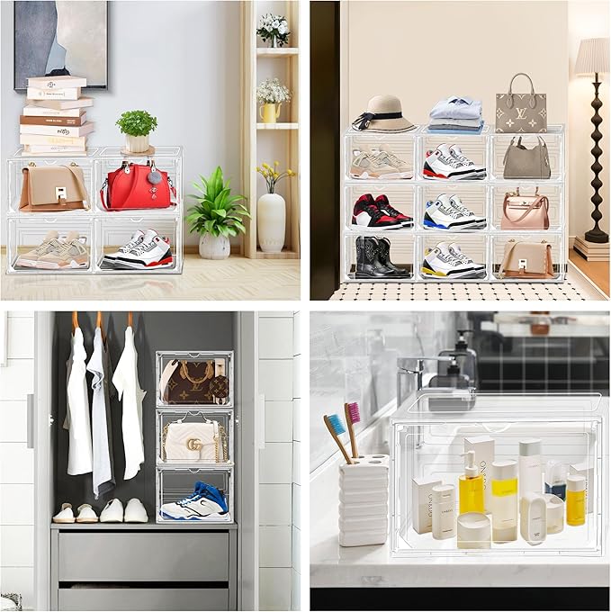 6 Pack Shoe Cases for Sneakers Transparent Shoe Storage Box Hat Display Case Stackable Storage Bins for Closet with Magnetic Door, Size 12