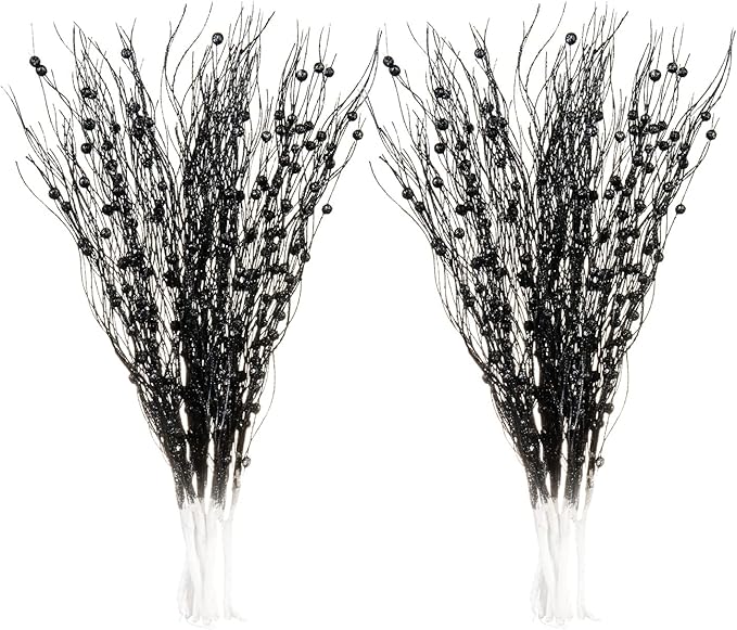 SLK 16-Pack Artificial Glitter Berry Stem Ornaments, Christmas and Halloween Decorative Glittery Twigs, Picks, Branches for Tree, Wreath, Small Vase, Halloween Party (Black)