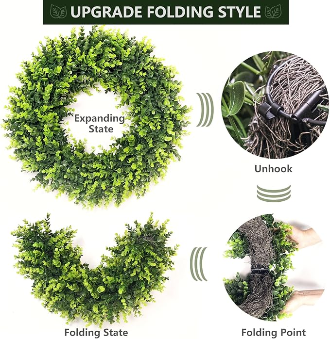 Set of 2, 24-26'' Large Boxwood Wreath for Front Door, Porch, Window - Foldable Greenery Boxwood Wreaths for Farmhouse Wedding Decor - Spring, Summer, Fall, All Seasons (with Bow)
