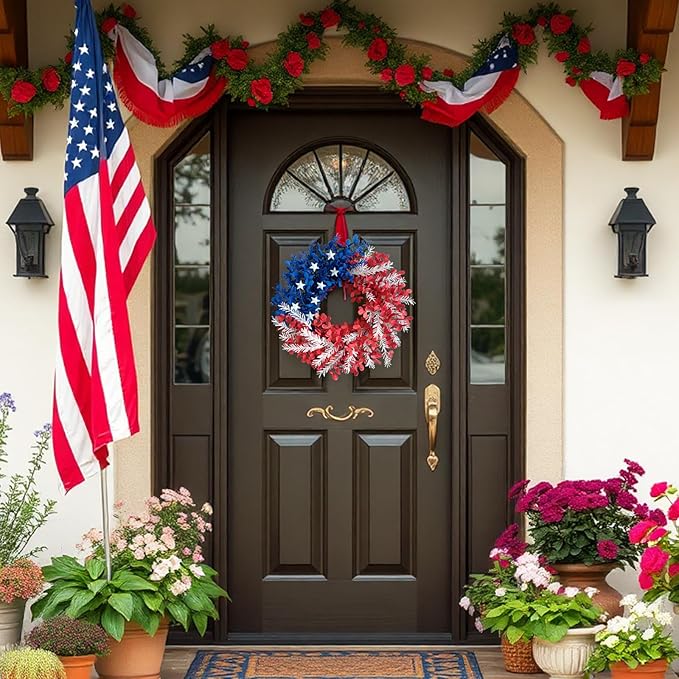 idyllic 4th of July Wreath 22 inch, Patriotic Wreath for Front Door, Red White Blue Leaves Metal Stars Independence Day, Memorial Day Americana Decor