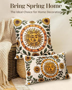 Embroidered Throw Pillow Cover 20x20 Inch - Spring Summer Boho Decorative Pillow Cover with Zipper for Living Room Couch Sofa Bed Aesthetic Design Sunflower Moon Cushion Pillowcase