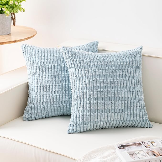 Aegero Pack of 2 Corduroy Decorative Throw Pillow Covers 16x16 Inch Soft Striped Pillow Covers Modern Farmhouse Home Decor for Sofa Living Room Couch Bed（Sky Blue）