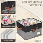 2 Pack Shoe Organizer for Closet, Adjustable Shoe Box Storage Containers, Large Foldable Shoe Bins with Clear Cover, Space Saving Shoes Holder with 4 Handles, Fits 16-32 Pairs, Black