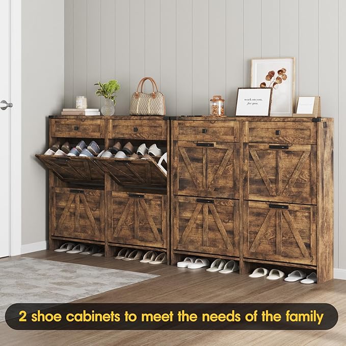 Shoe Cabinet with 4 Flip Drawers & 2 Drawers,Farmhouse Shoe Storage Cabinet for Entryway,Slim Freestanding Organizer Rack for Front Door Entrance,Rustic Brown