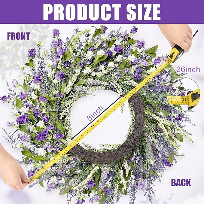 Artgar 26 Inch Spring Wreaths for Front Door, Spring Summer Lavender Paper Flower Wreaths for Home Farmhouse Windows Walls Porch Wedding Indoor Outdoor Decor for All Seasons (Purple)