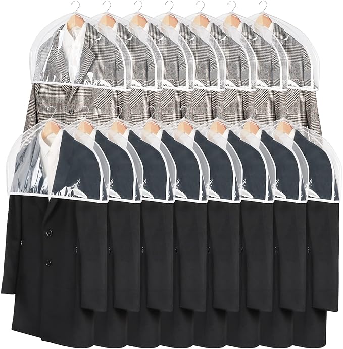 Zilink Clear Shoulder Covers for Clothes (Set of 15) Breathable Clothes Dust Cover Protectors with 2" Gusset for Suit, Coats, Jackets