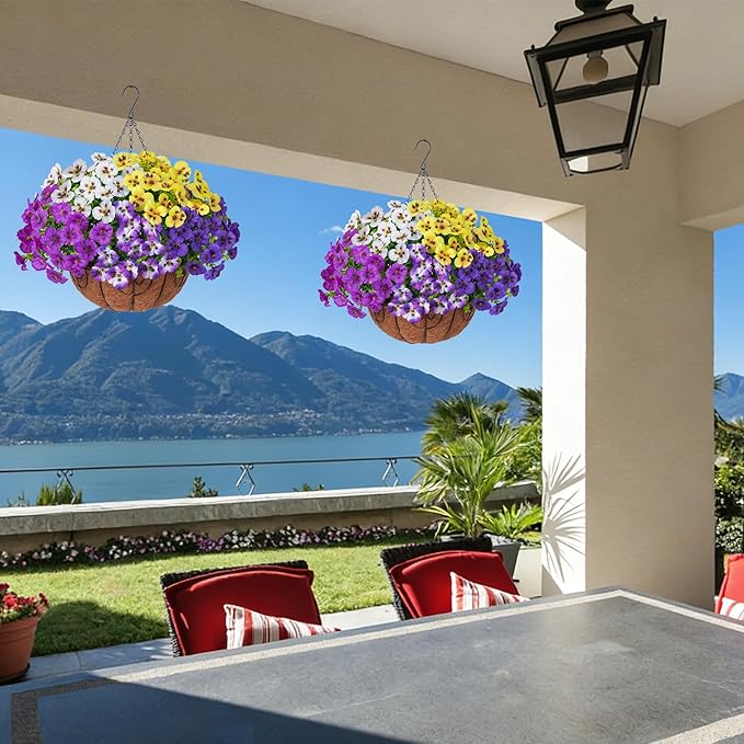 Ivydale Artificial Pansies Hanging Basket, 20 Bundles Fake Flowers Hanging Plant for Outdoor Decoration, Silk UV Resistant Realistic Colorful for Front Door Porch