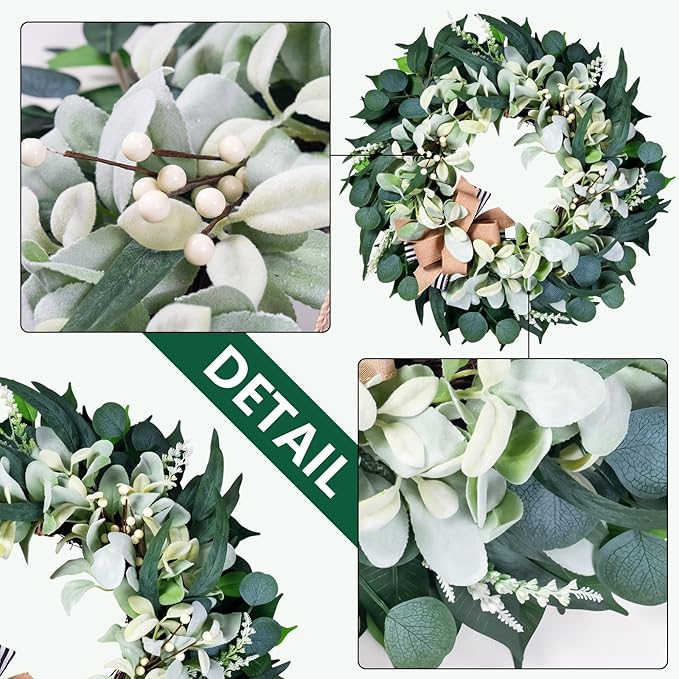 Artificial Wreaths for Front Door Year Round, 20-22" Green Eucalyptus Spring Summer Wreath with Lamb’s Ear Willow Ficus Leaves Bow, Modern Farmhouse Home Decor Porch Indoor Outdoor