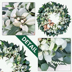 Artificial Wreaths for Front Door Year Round, 20-22" Green Eucalyptus Spring Summer Wreath with Lamb’s Ear Willow Ficus Leaves Bow, Modern Farmhouse Home Decor Porch Indoor Outdoor