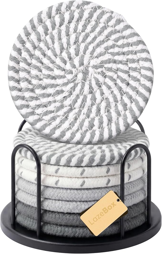 Lazebox Coasters Set of 8 for Drinks, 4 Inch Large Coasters for Coffee Table, Tabletop Protection for Hot & Cold Drinks, Versatile Coasters for Home Decor, Non-Slip & Easy to Clean, Gray
