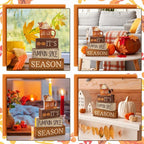 Lineshading 4 Pcs Fall Decorations for Home Wooden Hot Cocoa Cup Block Sign Thanksgiving Tiered Tray Decor Thanksgiving Centerpiece Rustic Fall Table Decor for Autumn Harvest Party Home Kitchen