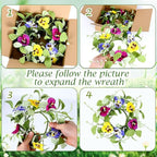 6 PCS Summer Floral Wreaths for Kitchen Cabinet Artificial Pansy Flowers Wreaths with Fern Branches Flocked Lamb Ear Leaves Mini Wreath Spring Floral Small Wreath for Table Centerpiece Farmhouse Decor