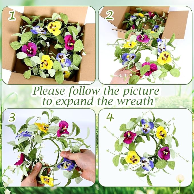 6 PCS Summer Floral Wreaths for Kitchen Cabinet Artificial Pansy Flowers Wreaths with Fern Branches Flocked Lamb Ear Leaves Mini Wreath Spring Floral Small Wreath for Table Centerpiece Farmhouse Decor