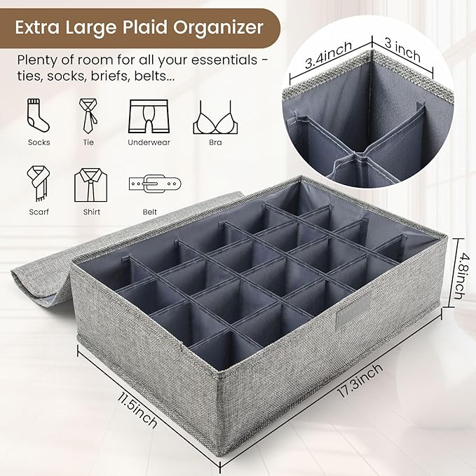 2 Pack Large Grid Sock Organizer Divider, 20 Cell with Lid, Fabric Foldable, Tie Organizer for Men for Storing Socks, Tie, Handkerchiefs, Belts (Grey)