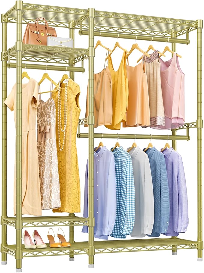 VIPEK V2 Heavy Duty Clothes Rack 4 Tiers Wire Shelving Garment Racks with 3 Hanging Rods Compact Freestanding Closet Metal Closet Rack, Max Load 700LBS, Gold