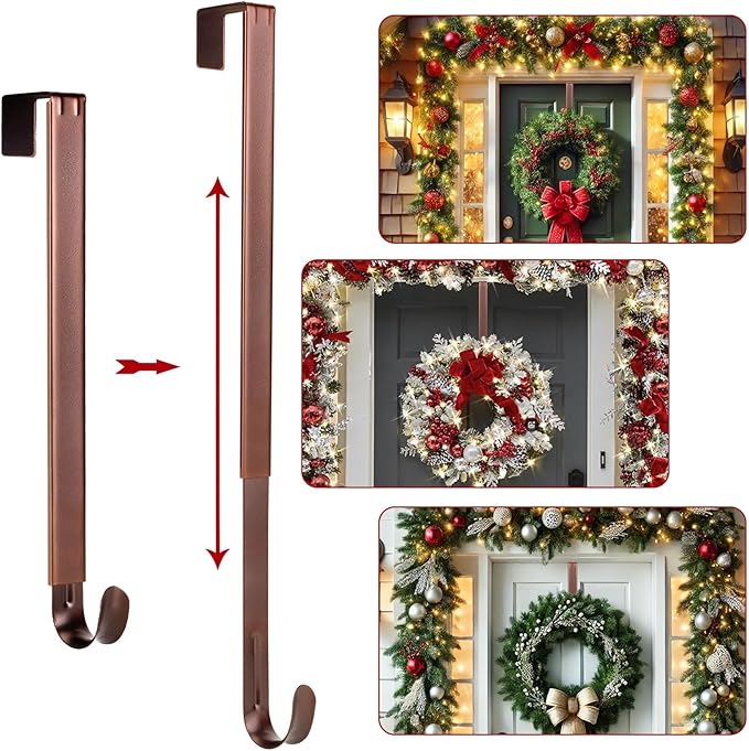2 Pack Wreath Hanger for Front Door, 20 lbs Christmas Wreath Door Hanger, Non Scratch Over the Door Hooks for Xmas Easter Halloween Fall Wreaths Décor Welcome Sign, Adjustable from 15 to 25 in Hangers