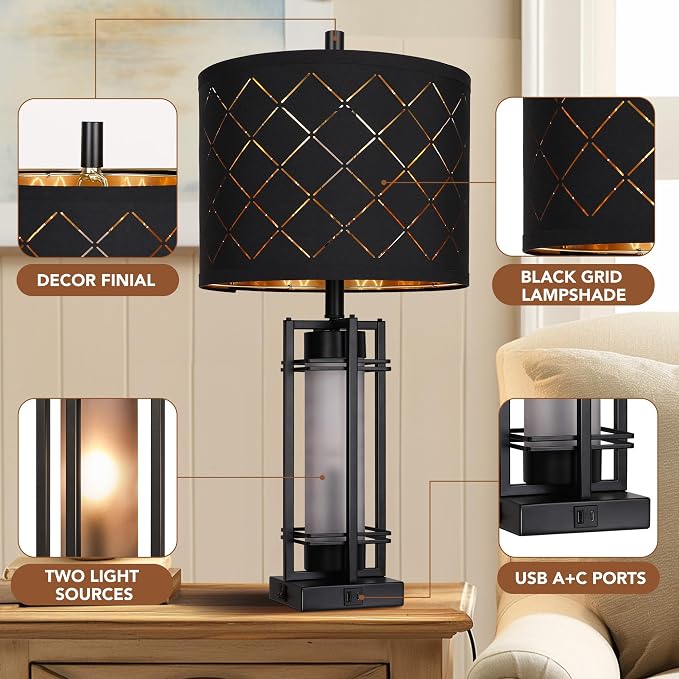 Modern Table Lamp Set of 2, Nightstand Lamps with Black Grid Shade, Bedside Lamps with USB A+C Charging Ports, Decorative Table Lamp, Square Base, Desk Lamps for Living Room, Bedroom, 2 Bulbs Included