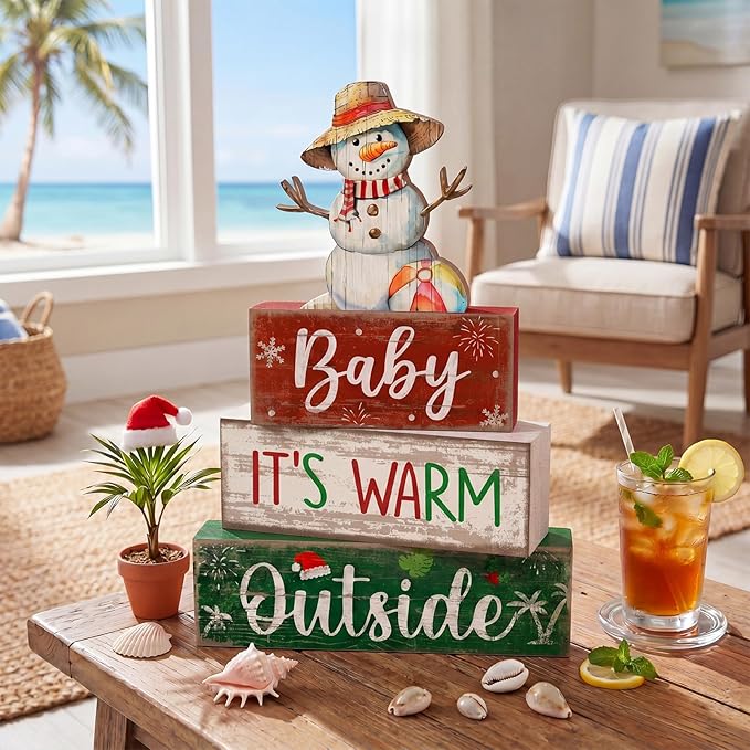 Lineshading 4 Pcs Summer Christmas in July Table Decoration Wooden July Summer Table Centerpiece Christmas Party Supplies Snowman Flamingo Palm Tree Beach Party Decorations Holiday Xmas Supplies
