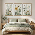 Framed Large Botanical Wall Art for Living Room, 3 Piece Minimalist Watercolor Floral Canvas Wall Art Prints, Modern Farmhouse Boho Sage Green Wildflower Picture for Bedroom Dining Room Decor, 24x36