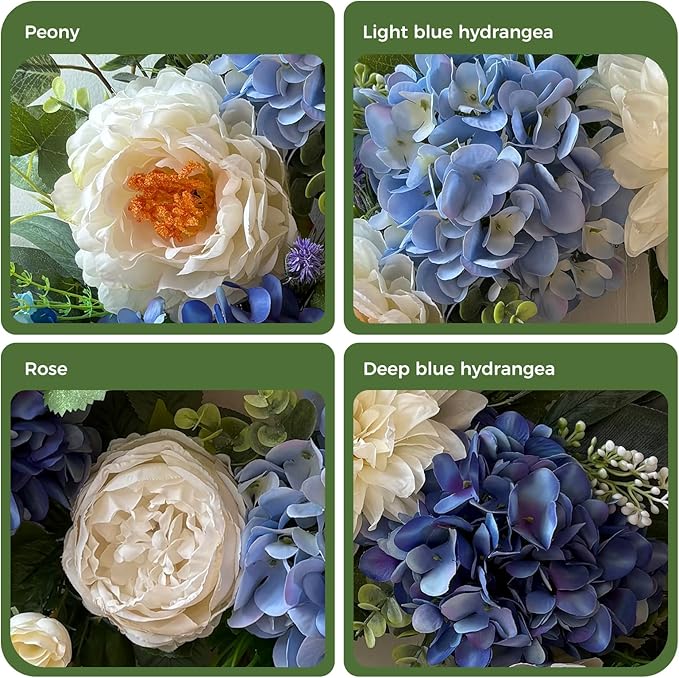24 Inch Spring Wreaths for Front Door, Spring Summer Door Wreath with Blue Hydrangea White Peony Flower Wreath for All Season Outside Indoor Outdoor Home Porch Wall Decor