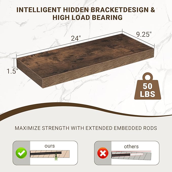 Acovy 24 Inch Floating Shelves, 3D Textured 24"x9.25"x1.5" Inch Deep Floating Shelves for Wall, Wooden Shelves for Bathroom, Bedroom, Living Room, Brown, 2 Pieces
