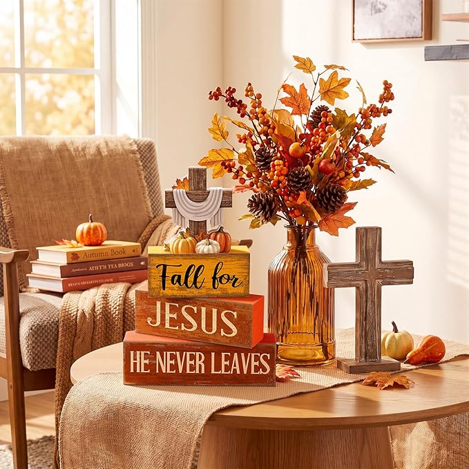Lineshading 4 Pcs Fall Decoration for Home Rustic Fall Religious Wooden Stacked Sign Decor - Cross & Pumpkin Themed Table Decoration with Faith Quotes Thanksgiving Tiered Tray Decor for Office Church