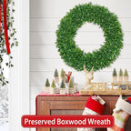 22 Inch Boxwood Wreath for Front Door Realistic with Welcome Sign Faux Easter Green Preserved Boxwood Wreaths Outdoor Spring Wreaths for Front Door Outside for Porch Farmhouse Wall Home Decor