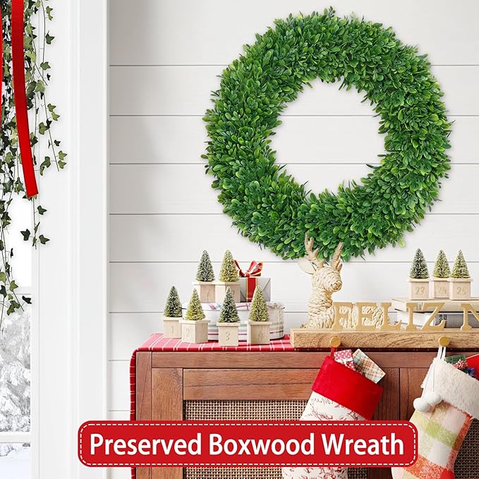 22 Inch Boxwood Wreath for Front Door Realistic with Welcome Sign Faux Easter Green Preserved Boxwood Wreaths Outdoor Spring Wreaths for Front Door Outside for Porch Farmhouse Wall Home Decor