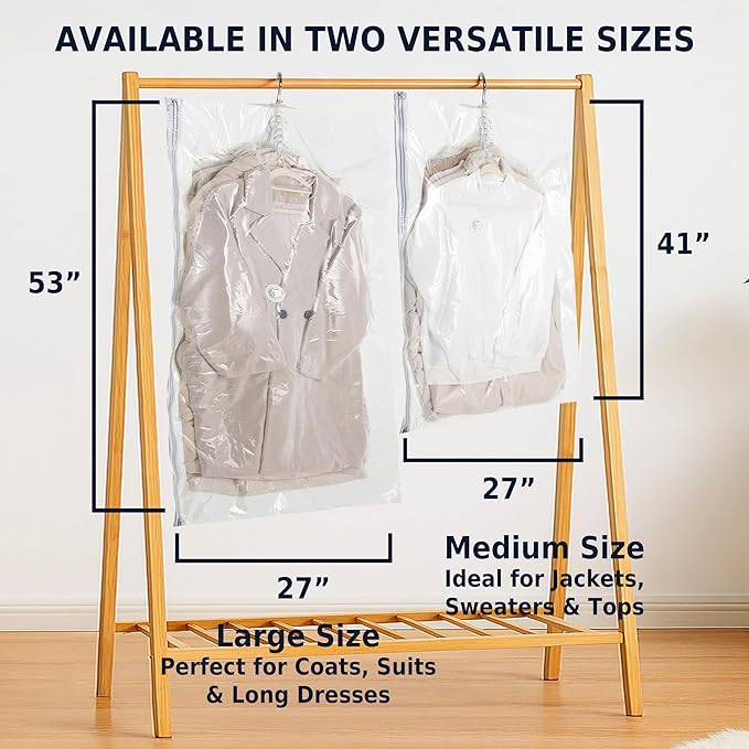 Hanging Vacuum Storage Bags for Clothes, Vacuum Seal Bags for Clothes with 5 Rings Each, Waterproof Compression Bags for Coats, Suits & Jackets, Space Saver Organizer, 4 Pack (41 x 27 in & 53 x 27 in)