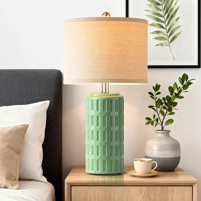 PARTPHONER 23" Farmhouse Modern Ceramic Table Lamp Set of 2 - Sage Green Bedside Lamps for Bedroom & Living Room, Nightstand, Desk, End Table