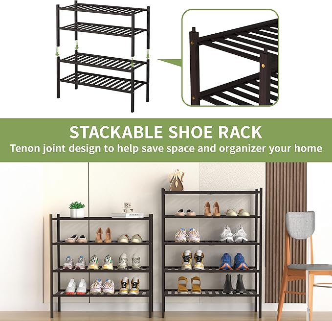 5 Tier Bamboo Shoe Rack for Closet Free Standing Wood Shoe Shelf for Entryway Small Space Stackable 27"x11"x33" (Brown)
