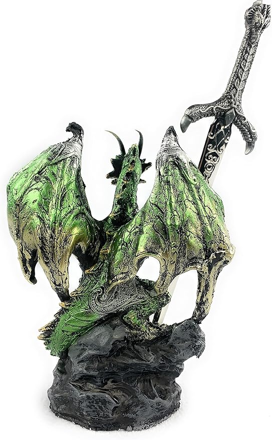 Ain't It Nice Medieval Dragon Statue with Sword and Crystal Ball - Collectible Fantasy Figurine Decor, Green 4(L) 2(W) 7(H) Inches