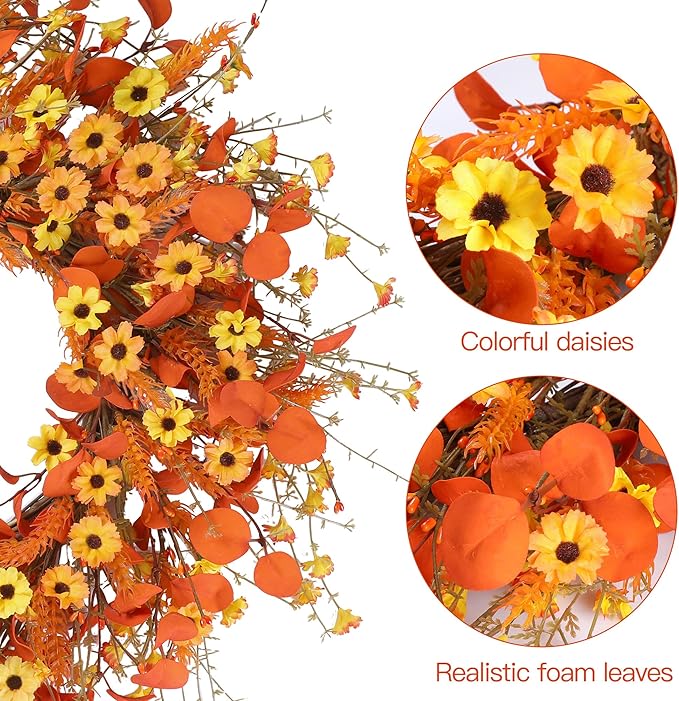 Sggvecsy Fall Wreath 24'' Autumn Harvest Daisy Wreath with Orange Eucalyptus Foam Leaves Grain Daisies Berries for Outside Indoor Home Wall Festival Thanksgiving Decor